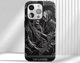 Printed Faux Metal Lovers Tarot Phone Case, Gothic Skull Couple, MagSafe Option