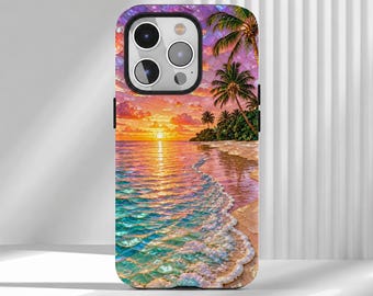 May include: A rectangular phone case featuring a vibrant sunset beach scene with palm trees, a golden sun on the horizon, and turquoise ocean waves washing onto a sandy shore. The design includes a triple camera cutout at the top left corner.