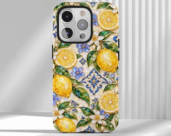 May include: A smartphone case featuring a vibrant mosaic-style pattern of yellow lemons, green leaves, white blossoms, and small blue flowers. The design includes intricate blue and white geometric tile motifs set against a cream background.
