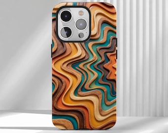 May include: A smartphone case featuring a layered, topographic-style design with wavy, concentric lines in shades of wood grain, mustard yellow, burnt orange, and teal blue. The case has a cutout for a triple-lens camera system.
