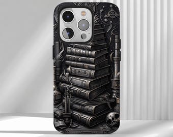 May include: A black phone case featuring a detailed embossed design of a stack of old books, a human skull, candles, and celestial symbols. The dark, monochromatic artwork covers the entire back surface of the protective mobile device cover.