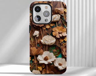 May include: A smartphone case featuring a detailed wood grain background adorned with a variety of three-dimensional style white, cream, and golden-brown flowers, including large blossoms and small buds, with a camera cutout at the top.