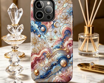 May include: A decorative phone case featuring a celestial design with swirling clouds in shades of blue, pink, and white, accented with gold stars, compasses, and crescent moons. The case has a glossy finish and a detailed, artistic aesthetic.