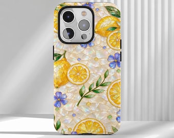 May include: A smartphone case featuring a mosaic-style pattern of yellow lemons, green leaves, and small blue flowers set against a pearlescent, iridescent background. The design includes whole lemons and sliced lemon segments.