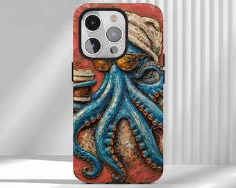 May include: A smartphone case featuring a textured, painterly illustration of a blue octopus wearing a white beanie and brown sunglasses. The octopus holds a tan coffee cup against a reddish-brown background with visible brushstroke details.