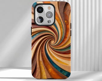 May include: A smartphone case featuring a swirling, vortex-like pattern of layered wood grain and translucent resin in shades of amber, teal, and dark brown. The design radiates from a central point, creating a dynamic, multi-textured effect.