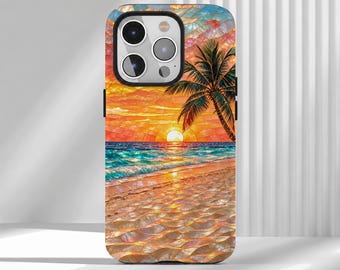 May include: A smartphone case featuring a mosaic-style design of a tropical beach at sunset. The image displays a palm tree, a bright sun on the horizon, turquoise ocean waves, and a sandy shore, all rendered in vibrant orange, yellow, and blue tones.