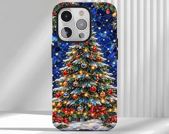 May include: A smartphone case featuring a vibrant stained glass design of a decorated Christmas tree. The tree is adorned with glowing lights, red and gold ornaments, and poinsettia flowers against a deep blue, mosaic-style background.