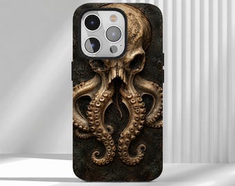 May include: A smartphone case featuring a dark, textured background with a raised, three-dimensional design of a beige octopus head integrated with a human skull. The tentacles extend downward, displaying detailed suction cups in a metallic finish.