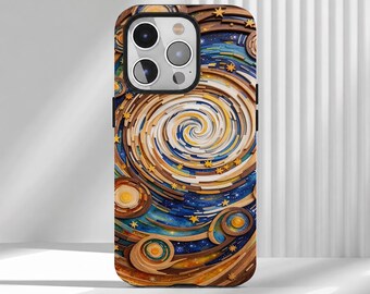 May include: A smartphone case featuring a layered, three-dimensional effect design with swirling patterns in shades of blue, brown, and yellow. The artwork includes small star shapes scattered throughout the composition, creating a textured appearance.