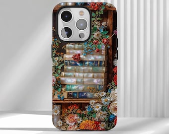 May include: A phone case featuring a stack of iridescent, pearlescent books on a wooden shelf, surrounded by vibrant clusters of red, white, orange, and blue flowers and green foliage. The design covers the entire back of the rectangular case.