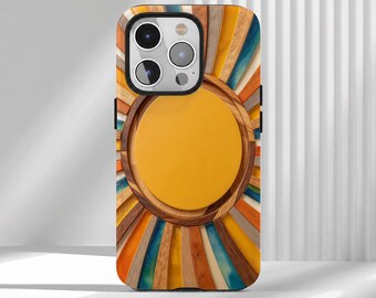 May include: A phone case featuring a central solid yellow circle surrounded by a sunburst pattern of alternating wood grain, translucent blue resin, and solid orange segments, with a triple-lens camera cutout at the top.
