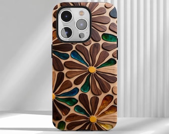 May include: A smartphone case featuring a decorative pattern of dark wood petals and translucent resin inserts in shades of teal, blue, and amber. The design includes small yellow circular centers, creating a floral motif across the back.