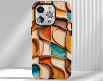 May include: A phone case featuring a multi-layered design of light and dark wood grain textures interspersed with smooth, translucent resin inserts in shades of teal, orange, and yellow, surrounding a triple-lens camera cutout.