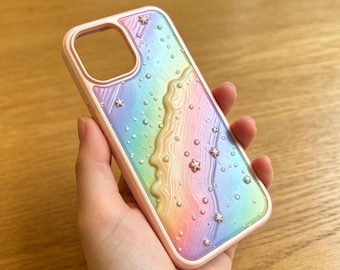 3D Pastel Rainbow Wave Phone Case, Starry Galaxy Cover (MagSafe)