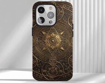 May include: A smartphone case featuring a dark brown background with intricate gold-colored circular geometric patterns, star shapes, and various symbols resembling ancient scripts or alchemical diagrams covering the entire surface.