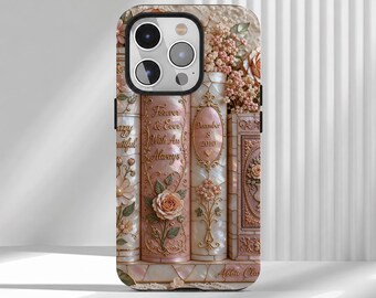 May include: A phone case featuring a design of vintage book spines in shades of cream and soft pink. The spines are decorated with floral motifs and text that reads Forever & Ever With An Always, December 8 2010, and Abba Clau.