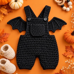 May include: A black crocheted baby overall featuring bat wings on the sides, a front pocket, and two dark buttons on the shoulder straps. The garment is accompanied by a pair of cream-coloured crocheted baby booties with wooden buttons.