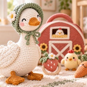 Crochet Farm Baby Set Pattern PDF, Goose, Barn Bag, Daisy Lovey & Rattle Bundle