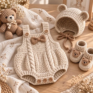 May include: A beige crochet baby romper featuring a cable knit pattern, a small bow at the chest, and wooden buttons. The set includes a matching bonnet with bear ears and tie strings, along with a pair of booties decorated with small bear faces.