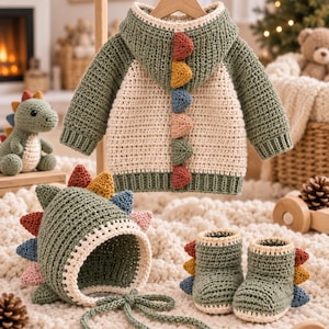Könnte beinhalten: Ein Häkelset bestehend aus einem Kapuzenpullover, einer Mütze und Booties. Der Pullover ist cremefarben mit olivgrünen Ärmeln und Kapuze, akzentuiert durch eine Reihe bunter Stacheln. Die Mütze und die Booties sind passend dazu gestaltet.