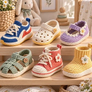 May include: A collection of six crocheted baby shoes arranged on a wooden shelf. The set includes a blue and white sneaker, a cream clog, a purple Mary Jane with a flower, a sage green sandal, a coral high-top sneaker, and a yellow bootie.