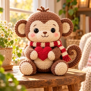 May include: A brown and cream crocheted monkey plush toy featuring large black eyes, pink cheeks, and a red heart held in its hands. The monkey wears a red and white striped scarf and has a curled tail, sitting upright on a wooden surface.