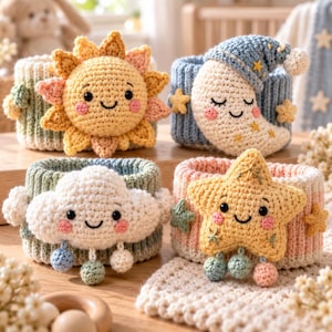 以下が含まれることがあります： ぬいぐるみのような天体のモチーフが付いた4つのクロシェ編みのリストバンド。黄色い太陽、ナイトキャップを被った青い月、雨粒がぶら下がった白い雲、小さな球体がぶら下がった黄色い星がそれぞれ付いており、すべてに刺繍された顔が施されています。