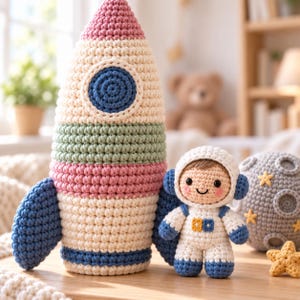 Ensemble de modèles de crochet sur le thème de l'exploration spatiale : fusée à empiler, astronautes et lune en amigurumi (PDF).