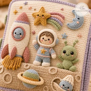May include: A beige crochet fabric panel featuring space-themed appliques including a rocket ship, a smiling astronaut, a green alien, a yellow star with a rainbow trail, a blue crescent moon, and a planet with rings. Text reads LulloraCrochet.