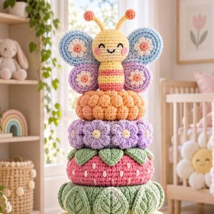 May include: A crochet stacking toy featuring a yellow butterfly topper with blue and purple wings, followed by layers of an orange textured ring, a purple flower ring, a pink strawberry ring, a green leaf ring, and a white petal base.