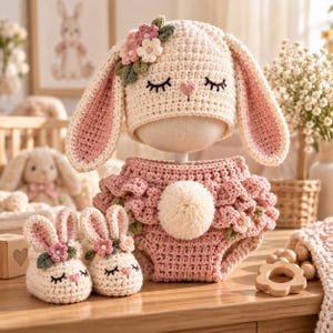 Bunny Baby Crochet Pattern Set, Ruffle Bloomers, Bunny Hat & Booties PDF