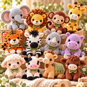 Könnte beinhalten: Eine Sammlung von elf gehäkelten Stofftieren, darunter ein Elefant, Löwe, Affe, Giraffe, Tiger, Zebra, Nashorn, Flusspferd, Schaf, Kuh, Kamel und Stier. Jedes Tier ist mit einer kleinen grünen Fliege und schwarzen Sicherheitsaugen versehen.