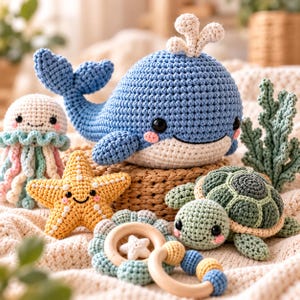 Op de afbeelding: Een verzameling gehaakte zeedieren, waaronder een blauwe walvis met een witte spuit, een roze en witte kwal, een gele zeester en een groene schildpad, naast een houten ringrammelaar met blauwe, gele en witte gehaakte accenten.