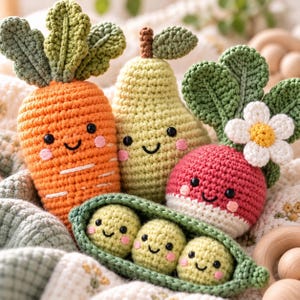 May include: A collection of crocheted plush toys shaped like vegetables and fruit, including an orange carrot, a light green pear, a pink and white radish with a white flower, and a green pea pod containing three small, round, light green peas.