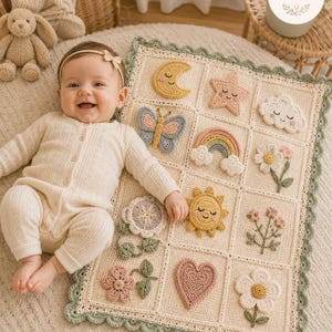 May include: A cream-colored crochet baby blanket featuring a grid of nine squares, each decorated with a unique appliquéd motif including a moon, star, cloud, butterfly, rainbow, sun, heart, and various flowers, finished with a scalloped sage green border.
