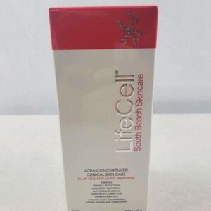 May include: A white box of LifeCell South Beach Skincare. The top of the box is red. The box contains text that reads "Ultra-Concentrated Clinical Skin Care All-in-One Anti-Aging Treatment". The box contains 75 ml / 2.54 fl oz.