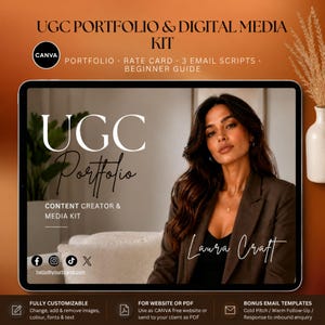 Op de afbeelding: Een digitale mediakit met de tekst "UGC Portfolio & Digital Media Kit" en "UGC Portfolio Content Creator & Media Kit". De kit bevat een portfolio, tariefkaart, e-mailscripts en een beginnersgids. De kit is volledig aanpasbaar.