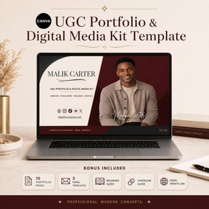 Könnte beinhalten: Ein Laptop mit einer Canva UGC-Portfolio- und Digital Media Kit-Vorlage, die den Namen Malik Carter, Social-Media-Symbole und Kontaktdaten zeigt. Der Bildschirm enthält ein Porträt und Text, einschließlich 10 Portfolio-Seiten.