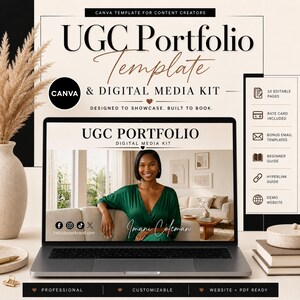 May include: A Canva template for a UGC portfolio and digital media kit displayed on a laptop screen. The design features black and beige text, including the title UGC Portfolio Template, with icons for pages, rate cards, and email templates.