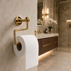 Puede incluir: Un portarrollos de papel higiénico dorado montado en una pared de mármol beige. El soporte tiene un brazo curvo y una base redonda. Un rollo de papel higiénico blanco está en su lugar. El baño incluye un espejo, lavabo y ducha.