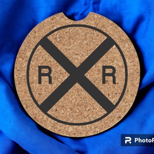 Cork Car (vehicle) Coaster- Railroad Crossing Circular Sign