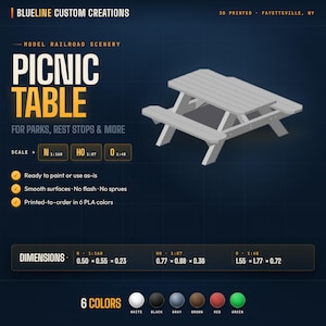 May include: A 3D-printed gray picnic table model for model railroad scenery. The table is designed for parks and rest stops. Dimensions are 0.50 x 0.55 x 0.23 inches (N 1:160 scale). Available in 6 colors. Ready to paint or use as-is.