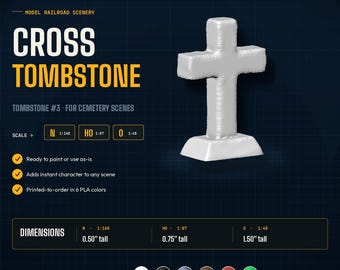 HO N O Scale Model Railroad Stone Cross Tombstone #3 | 3D Printed Christian Cross Gravestone | Cemetery Diorama | Halloween Decor