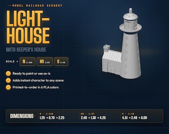 Farol com casa do faroleiro em escalas HO, N e O — Modelo de ferrovia impresso em 3D representando um marco costeiro.
