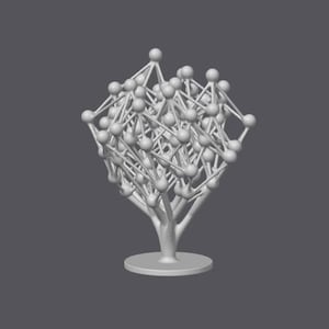 May include: A 3D-rendered, abstract sculpture of a tree. The tree features a network of interconnected lines and spheres, with a trunk and a circular base. The color is a light gray against a darker gray background.