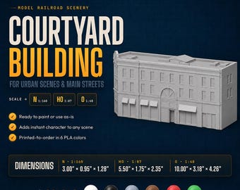 Edifício de pátio para maquete ferroviária em escala HO/NO | Estrutura urbana impressa em 3D com entrada em arco | Diorama urbano | Maquete de trem