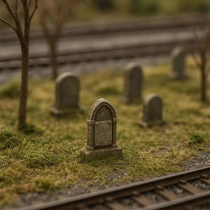 May include: Miniature cemetery scene featuring several weathered gray tombstones set in a grassy area. The scene includes a few bare trees and railroad tracks in the background, creating a somber atmosphere.