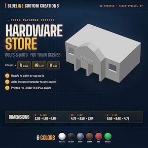 Op de afbeelding: Een 3D-geprint model van een hardwarewinkel voor modelspoorweglandschappen. Het grijze gebouw heeft de tekst "Hardware Store" en is verkrijgbaar in 6 PLA-kleuren. Afmetingen voor de schalen N 1:160, HO 1:87 en O 1:48.