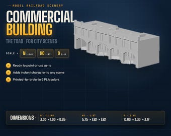 May include: A 3D-printed model railroad commercial building, ready to paint or use as-is. The building is gray and features multiple windows and entryways. Dimensions are 3.00 x 1.00 x 0.95 inches (N 1:160). Available in 6 PLA colors.